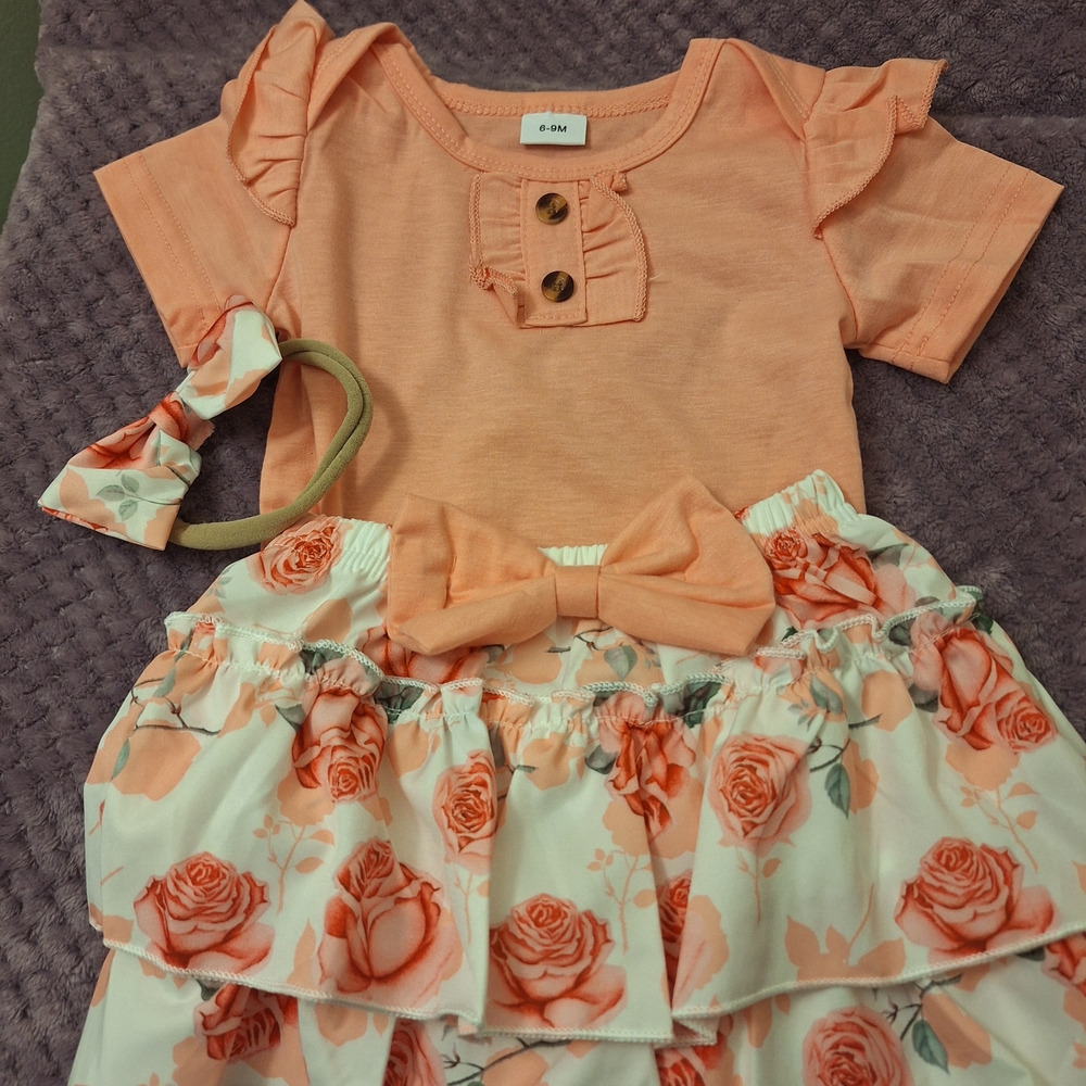 Peach Ruffle Baby Outfit with Floral Skirt and Headband